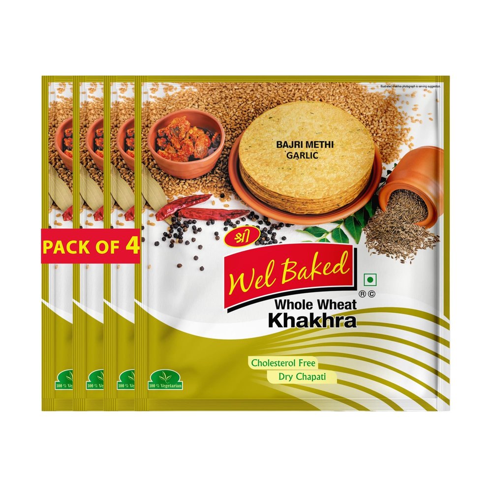 Wel Baked Whole Wheat Khakhra - Pack of 4, 200 Gm | Bajri Methi Garlic | Dry Chapati | Khakra Fresh Gujarati Namkeen Snacks | Ready To Eat - Roasted - Khakhra Snacks| Vacuum Packed