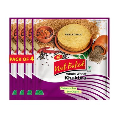Wel Baked Whole Wheat Khakhra - Pack of 4, 200 gms | Chilly Garlic | Dry Chapati | Khakra Fresh Gujarati Namkeen Snacks | Ready To Eat - Roasted - Khakhra Snacks| Vacuum Packed