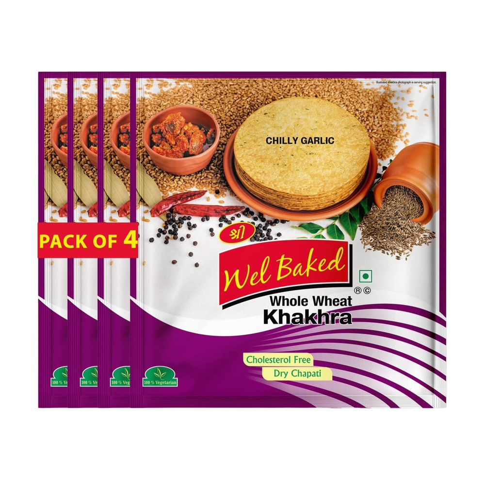 Wel Baked Whole Wheat Khakhra - Pack of 4, 200 gms | Chilly Garlic | Dry Chapati | Khakra Fresh Gujarati Namkeen Snacks | Ready To Eat - Roasted - Khakhra Snacks| Vacuum Packed