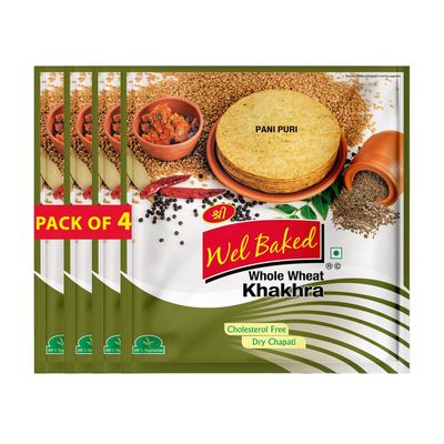 Wel Baked Whole Wheat Khakhra - Pack of 4 200gms | Pani Puri | Dry Chapati | Khakra Fresh Gujarati Namkeen Snacks | Ready To Eat - Roasted - Khakhra Snacks| Vacuum Packed