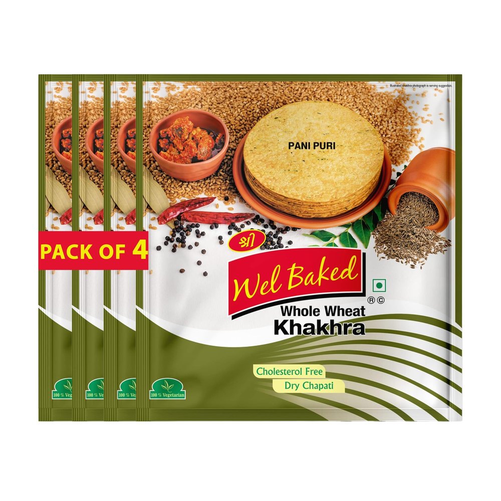 Wel Baked Whole Wheat Khakhra - Pack of 4 200gms | Pani Puri | Dry Chapati | Khakra Fresh Gujarati Namkeen Snacks | Ready To Eat - Roasted - Khakhra Snacks| Vacuum Packed