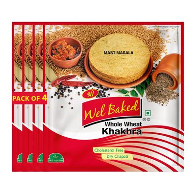 Wel Baked Whole Wheat Khakhra - Pack of 4 200gms | Mast Masala | Dry Chapati | Khakra Fresh Gujarati Namkeen Snacks | Ready To Eat - Roasted - Khakhra Snacks| Vacuum Packed