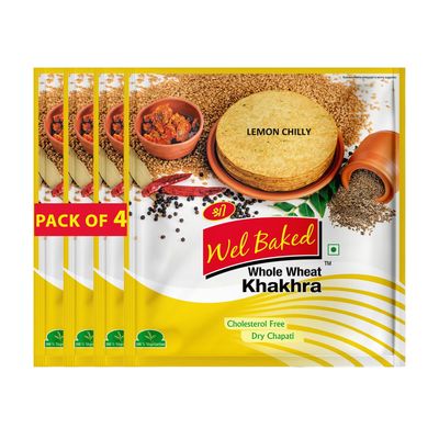 Wel Baked Whole Wheat Khakhra - Pack of 4 160Gms | Lemon Chilly | Dry Chapati | Khakra Fresh Gujarati Namkeen Snacks | Ready To Eat - Roasted - Khakhra Snacks| Vacuum Packed