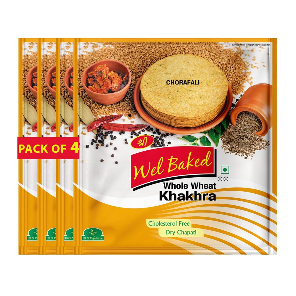 Wel Baked Whole Wheat Khakhra - Pack of 4 200gms | Chorafali | Dry Chapati | Khakra Fresh Gujarati Namkeen Snacks | Ready To Eat - Roasted - Khakhra Snacks| Vacuum Packed
