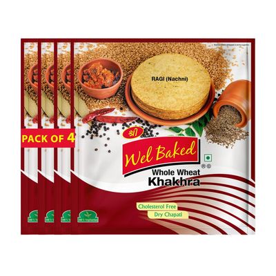 Wel Baked Whole Wheat Khakhra - Pack of 4 200gms | Ragi (Nachni) | Dry Chapati | Khakra Fresh Gujarati Namkeen Snacks | Ragi Khakhra | Ready To Eat - Roasted - Snacks| Vacuum Packed