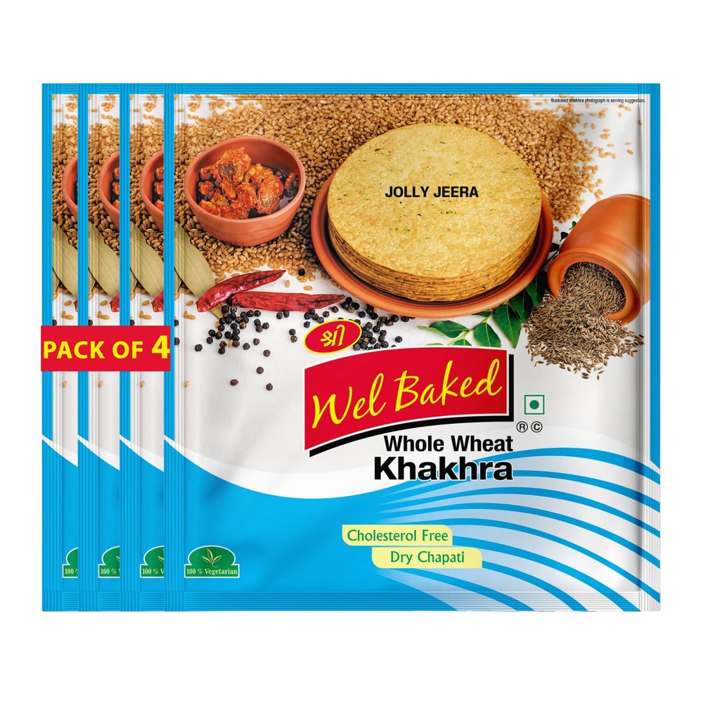 Wel Baked Whole Wheat Khakhra - Pack of 4 200gms | Jolly Jeera | Dry Chapati | Khakra Fresh Gujarati Namkeen Snacks | Ready To Eat - Roasted - Khakhra Snacks| Vacuum Packed