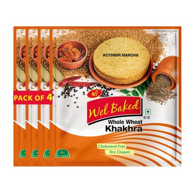 Wel Baked Whole Wheat Khakhra - Pack of 4 | Kothmir Marcha (Coriander Chilly) | Dry Chapati | Khakra Fresh Gujarati Namkeen Snacks | Ready To Eat - Roasted - Khakhra Snacks| Vacuum Packed