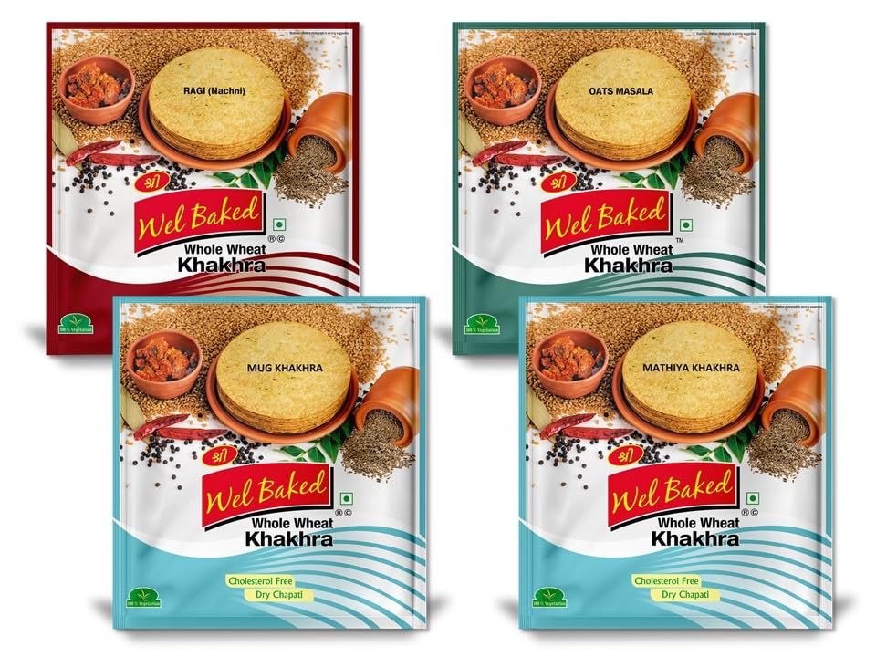 WEL BAKED Whole Wheat Multi-Grain Khakhra - Pack of 4 200gms Each | Ragi(Nachni), Oats Masala, Moong Masala, Mathiya | Dry Chapati | Khakra Fresh Gujarati Namkeen Snacks | Ready To Eat-Roasted-Khakhra Snacks