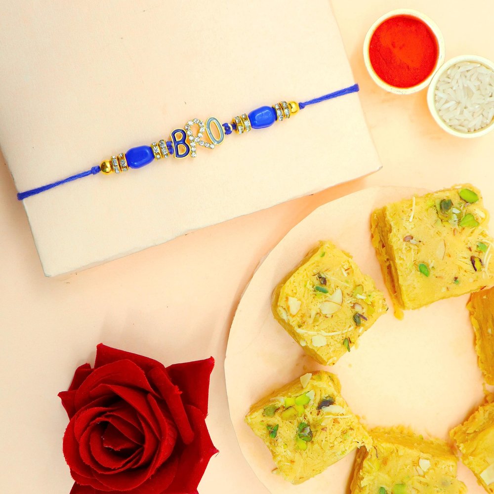 Blessing Decor Rakhi For Brother With Soan Papdi Indian Sweet/Rakhi Combo Fo Brother with Roli Chawal & Card (Bro Rakhi)