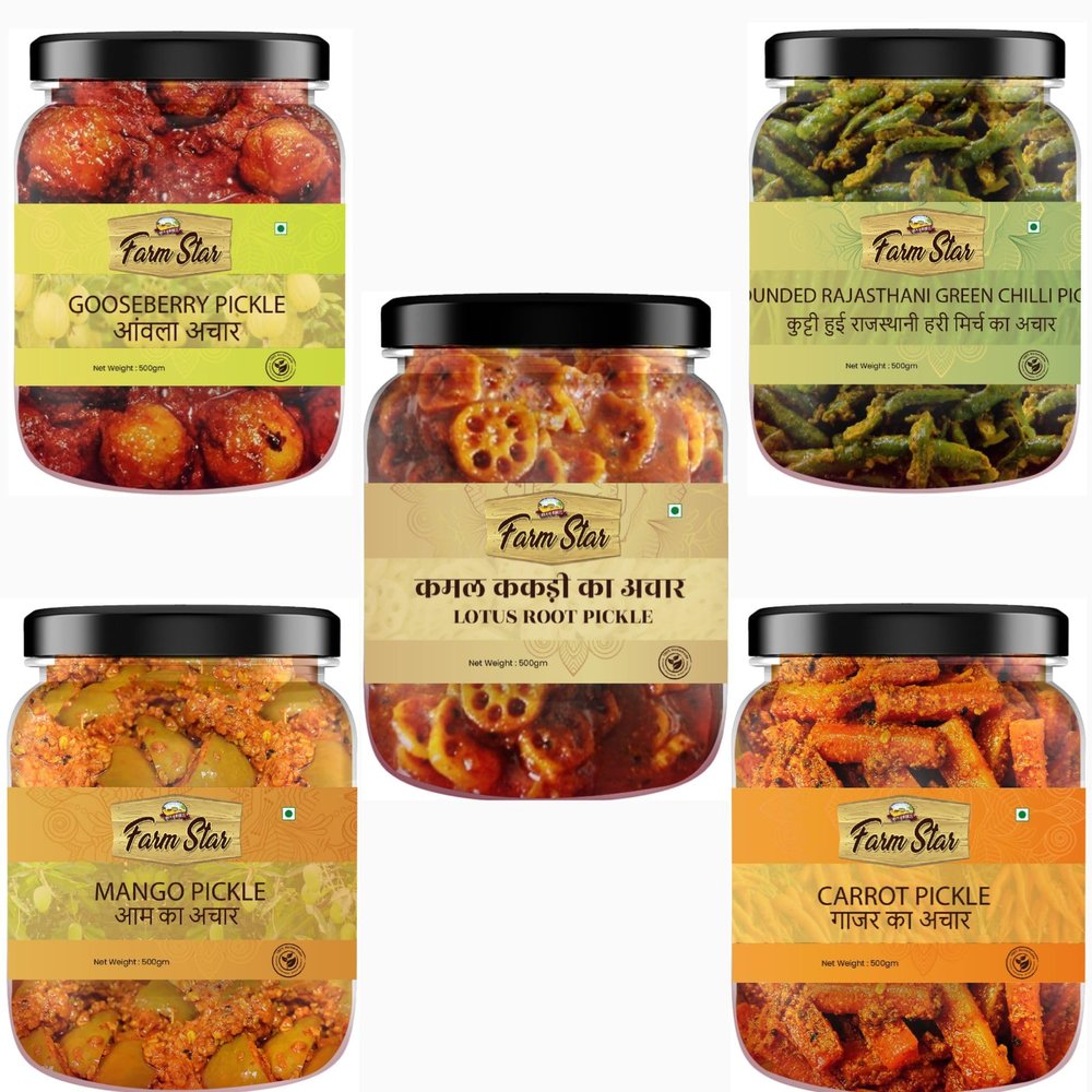 2.5kg- Combo Pickle pack 5 in 1- Amla Pickle 500gm + Mango Pickle 500gm + Kamal Kakri Pickle 500gm + Carrot Pickle 500gm+ Pounded Rajasthani Green Chilli Pickle 500gm