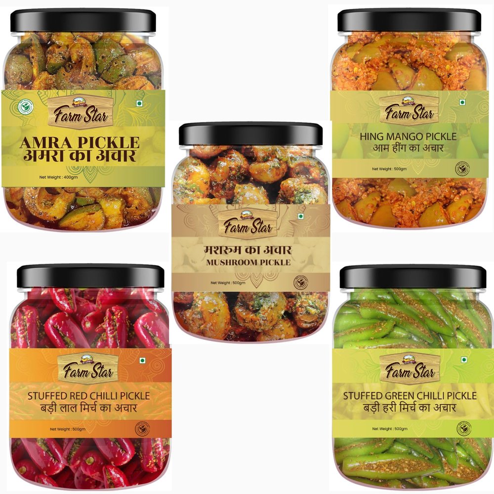 2.4Kg- Combo Pickle Pack 5 in 1- Stuffed Banarsi Red Chilli Pickle 500 gm, Mushroom Pickle 500 gm, Hing Mango Pickle 500 gm, Stuffed Green Chilli Pickle 500 gm, Amra Pickle 400gm