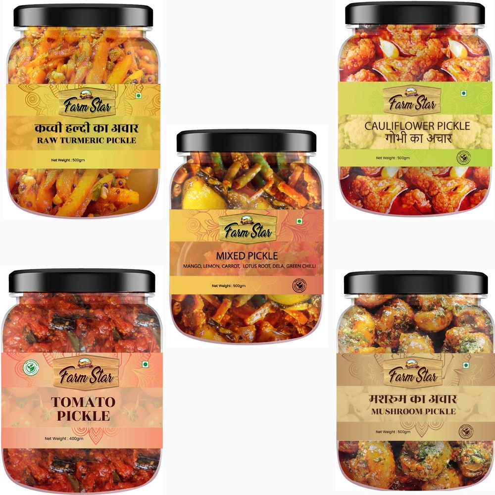 2.4kg- Combo Pickle Pack 5 in 1- Haldi Pickle 500 gm, Tomato Pickle 400 gm, Mixed Pickle 500 gm, Gobhi Pickle 500 gm & Mushroom Pickle 500 gm