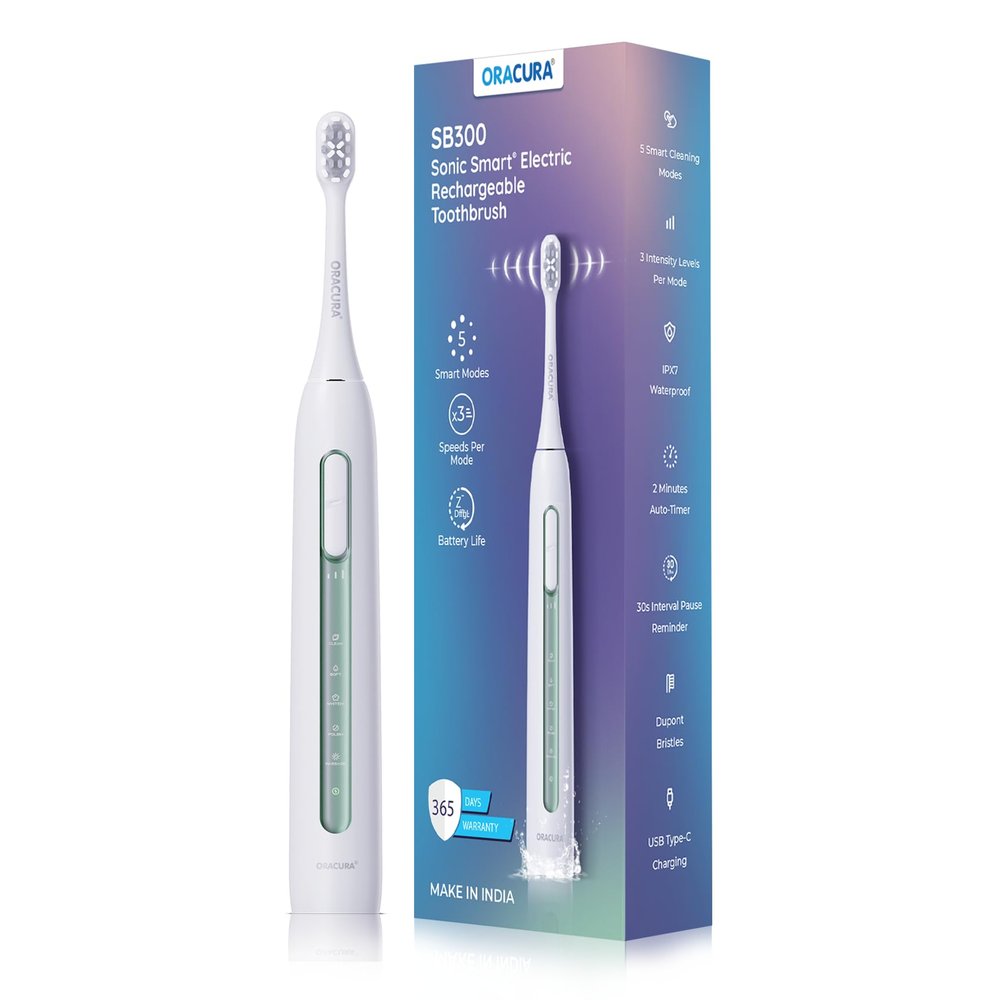 ORACURA SB300 Electric Rechargeable Toothbrush for Men & Women | Green | 4 Vibrant Colors| 36,000 strokes/min| With 5 Modes & 3 Intensity Levels | 2 Minutes Auto-Timer|90 Days Battery Life
