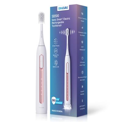 ORACURA SB300 Electric Rechargeable Toothbrush for Men & Women | Peach | 365 Days | 4 Vibrant Colors| 36,000 strokes/min| With 5 Modes & 3 Intensity Levels | 2 Minutes Auto-Timer|90 Days Battery Life