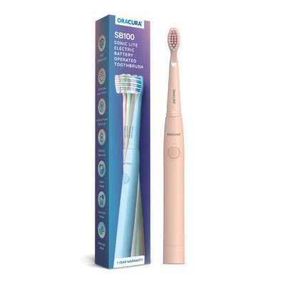 ORACURA Sonic Lite Electric Battery Operated Toothbrush SB100 | Peach | Electric Toothbrush for Men & Women | 4 Vibrant Colours | IPX7 Waterproof | 2 Minutes Auto-Timer | Dupont Bristles