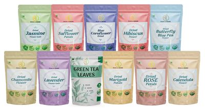 A D Food & Herbs Combo of Green Tea Leaves & Jasmine/Safflower/Lavender/Butterfly pea/Marigold/Rose/Hibiscus/Blue corn/Chamomile/Calendula- All Natural Flavour, (20 GMS x pack of 11)
