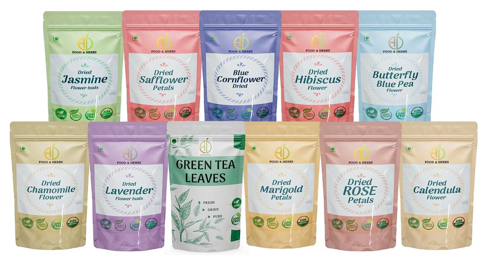 A D Food & Herbs Combo of Green Tea Leaves & Jasmine/Safflower/Lavender/Butterfly pea/Marigold/Rose/Hibiscus/Blue corn/Chamomile/Calendula- All Natural Flavour, (20 GMS x pack of 11)