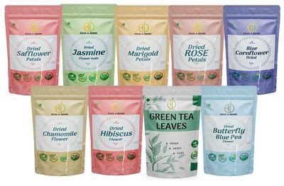 A D Food & Herbs Combo of Green Tea Leaves & Jasmine/Safflower/Butterfly pea flower/Marigold/Rose/Hibiscus/Blue corn flower/Chamomile- All Natural Flavour, Zero Calories (100 GMS x pack of 9)