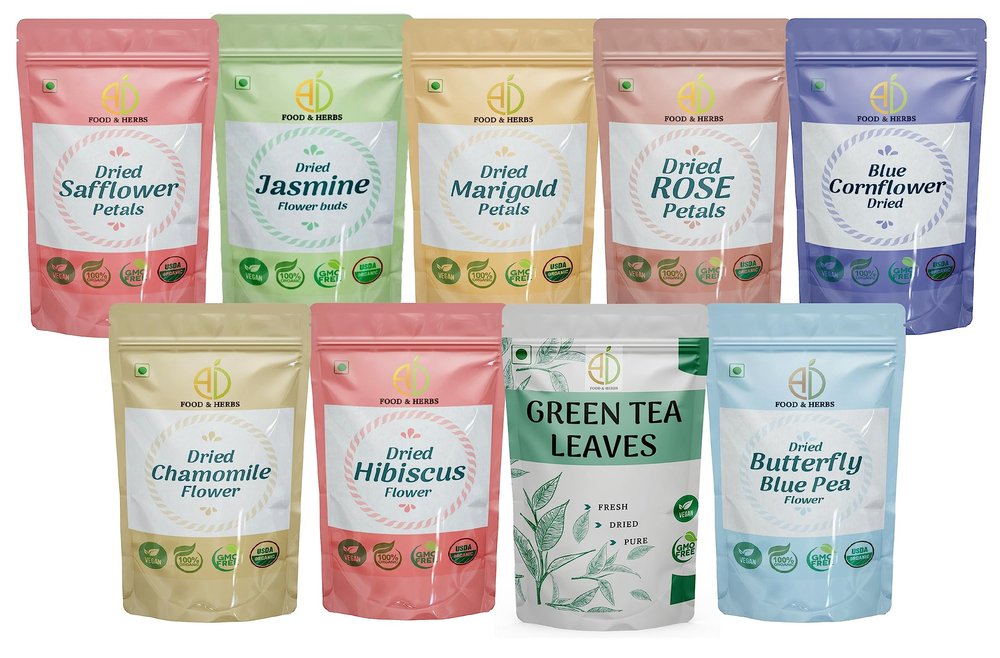 A D Food & Herbs Combo of Green Tea Leaves & Jasmine/Safflower/Butterfly pea flower/Marigold/Rose/Hibiscus/Blue corn flower/Chamomile- All Natural Flavour, Zero Calories (100 GMS x pack of 9)