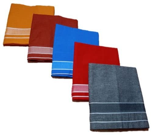 Cotton Handloom Dhoties Colour Dhoti/Red Mundu | Mens Temple Wear | Devotional Wear | Pure Cotton (Combo Pack 5) Yellow || Kavi || Blue ||Red || Grey Color Lungies For Men Cotton