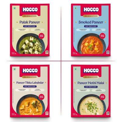 HOCCO Sabji Combo Pack of 4 (Smoked Paneer, Palak Paneer, Paneer Tikka Lababdar, Methi Malai) | Ready to Eat | Just Heat & Eat | No Added Preservatives & Colours | Meal Ready in 5 Min - 300g Each