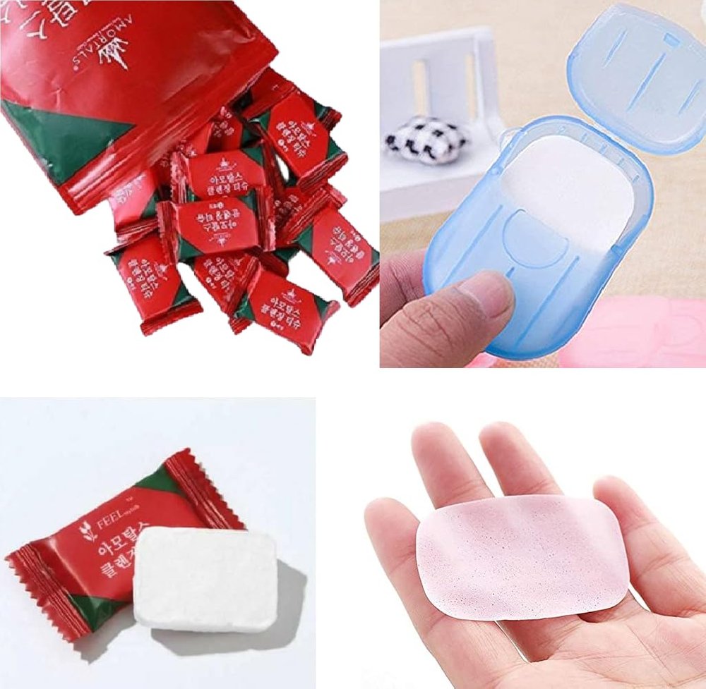 DAIDSUKE (PACK OF 4) Travel Pocket Hankey Big Tissue and With Free 1 Box (20 Paper Sheet) Travel Soap For Multipurpose Use Magic Disposable Tablet Cotton Water Wet Wipe Napkin For Men Women Kid
