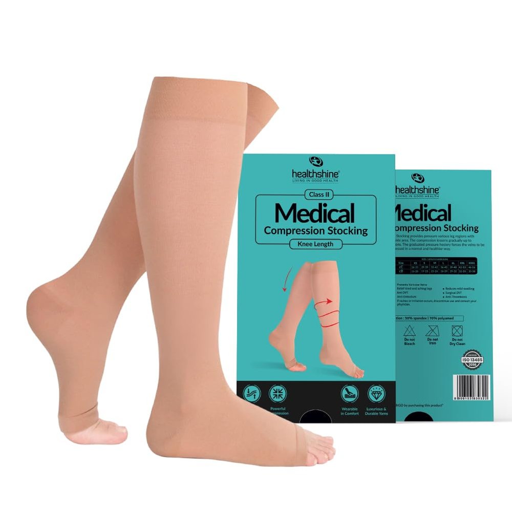 Healthshine Class 2 Medical Compression Stocking Knee Length | Soothing Relief for Swollen, Tired Legs | Varicose Vein Socks for Men & Women | Pocket-Friendly in Medium Size | CE, ISO Certified