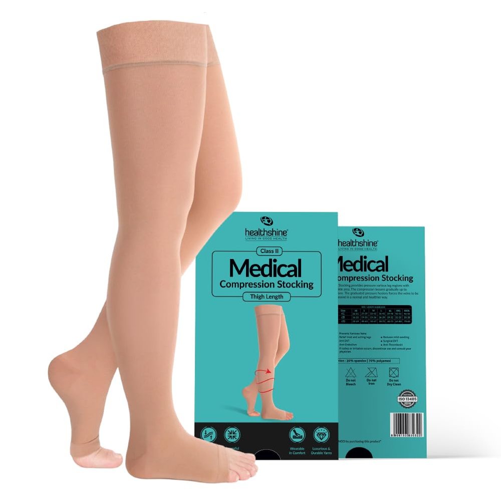 Healthshine Class 2 Medical Compression Stocking Thigh Length | Soothing Relief for Swollen, Tired Legs | Varicose Vein Socks for Men & Women | Pocket-Friendly in Medium Size | CE, ISO Certified