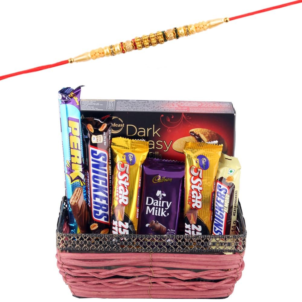 SFU E Com Creamy 5Star Chocolates With Designer Basket | Rakhi Chocolate for Brother | Rakhi With Chocolates | Roli, Chawal, Chandan, Misri | 747