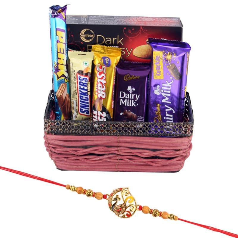 SFU E Com Crackle Choco Delight Gift Hamper | Rakhi Chocolate for Brother | Peacock Rakhi With Chocolates | Roli, Chawal, Chandan, Misri | 736