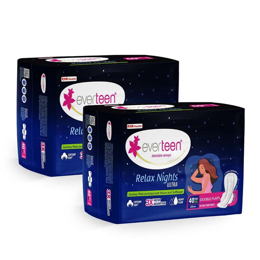 everteen Relax Nights Ultra Thin XXL Sanitary Pads for Women, Rash Free Sanitary Napkins for Heavy Flow, Cotton Pads with Wider Back, Pack of 2 (80 Pads Each, 320mm)