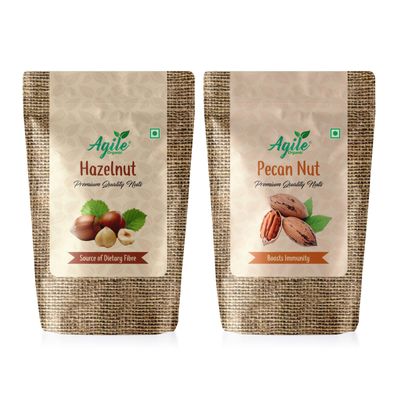 Agile Organic Premium Jumbo Hazel Nuts & Pecan Nuts Combo | Hazel Nuts 50 Grams & Pecan Nuts 50 Grams