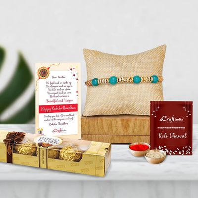 eCraftIndia, Pearl Rakhi with Ferrero Rocher (4 pcs) and Roli Chawal Pack, Raksha Bandhan Greeting Card