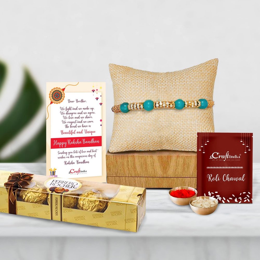 eCraftIndia, Pearl Rakhi with Ferrero Rocher (4 pcs) and Roli Chawal Pack, Raksha Bandhan Greeting Card