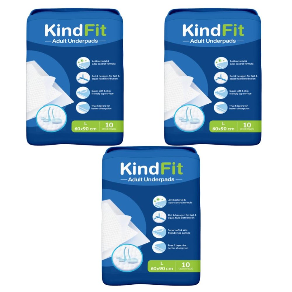 Kindfit Disposable Underpad Sheet (Pack of 30 Pcs, Blue, Size: 60x90 cms) with Super Absorbent Polymer for Bedwetting Protection (30)