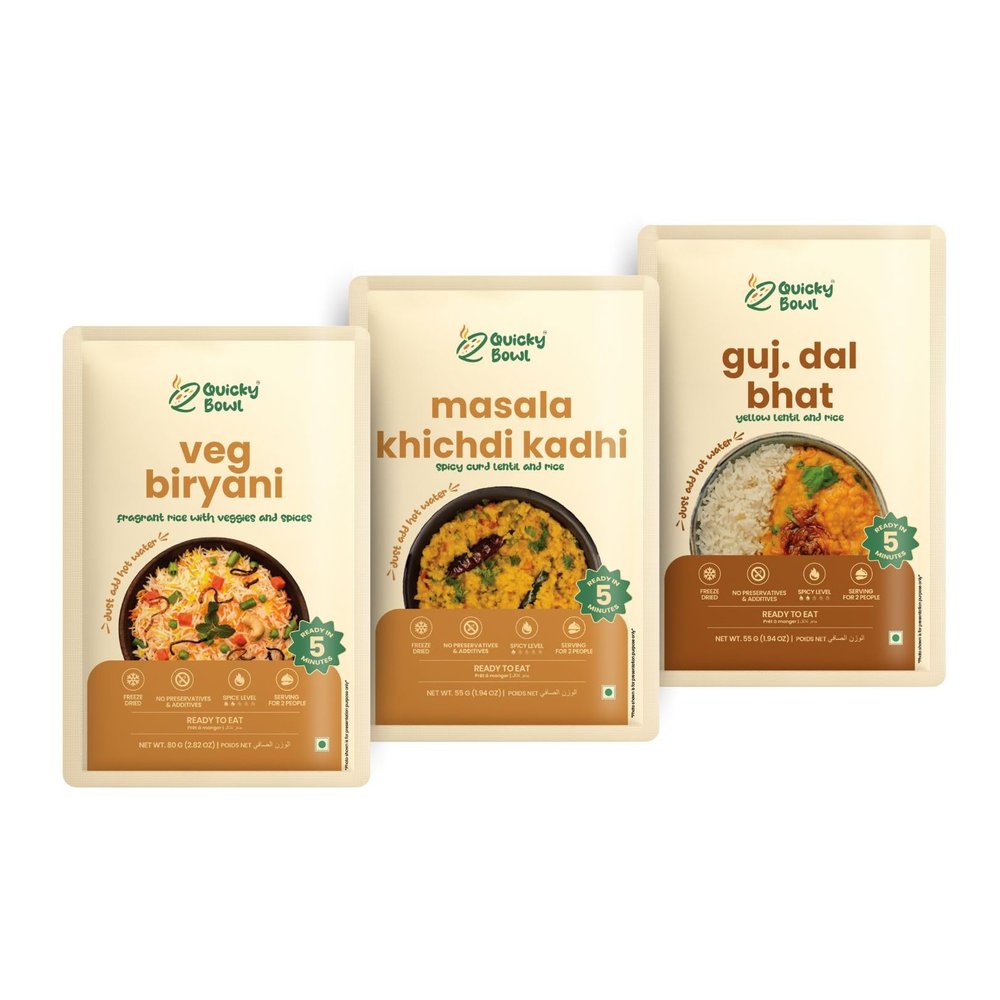Quicky Bowl Ready To Eat Rice Combo: Masala Khichdi Kadhi+Veg Biryani+Guj.Dal Bhat|Instant Meal|(Pack Of 3)