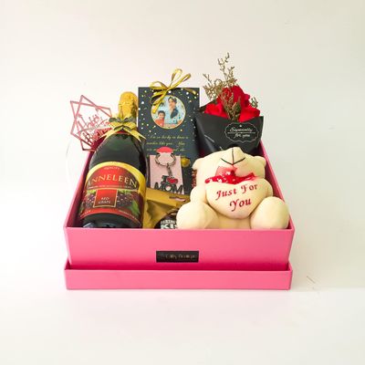 Angroos Birthday Gift Hamper includes sparkling grape juice, teddy bear, key chain,artifical flower bouquet,her-sheys kisses, Photo Cards, Greeting Card and Decorated Gift Box