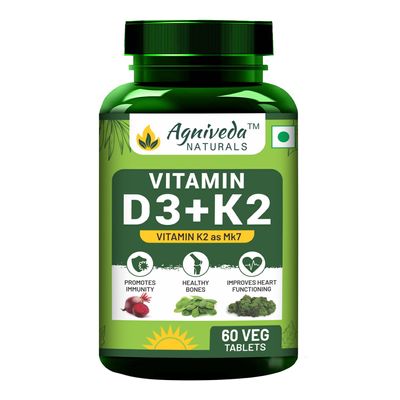 Agniveda Naturals Vitamin K2 + D3 Tablets  60 Veg Tablets | Bone & Heart Health Support | K2 MK7 + Vitamin D3 Supplement | High Absorption, Non-GMO, Gluten-Free