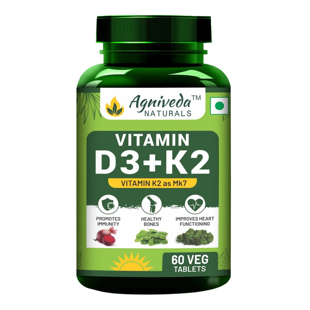 Agniveda Naturals Vitamin K2 + D3 Tablets 60 Veg Tablets | Bone & Heart Health Support | K2 MK7 + Vitamin D3 Supplement | High Absorption, Non-GMO, Gluten-Free