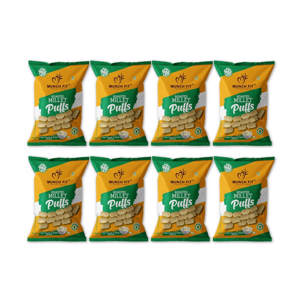 Munch Fit Healthy & Roasted Millet Puffs | Cream & Onion Flavour Snacks | 100% Veg | High Fibre | Gluten Free | No Maida | Non Fried | Ready to Eat & Crispy Snacks for Kids | Pack of 8x50g each