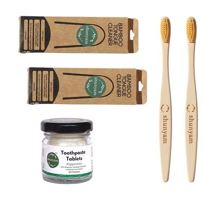Shunyam Sustainable Oral Care Kit  2 Bamboo Toothbrushes 2 Tongue Cleaners 60 Peppermint Toothpaste Tablets Upcycled Travel Pouch| Eco-Friendly Zero Waste Travel Dental Hygiene Set