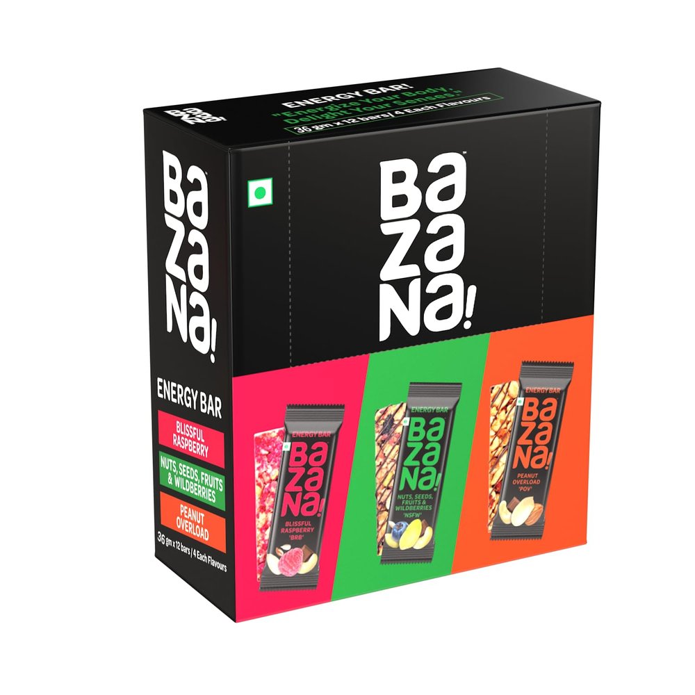 Bazana Assorted Three-in-One Energy Bars, Total 456g | 4 Each of Raspberry (BRB), Nut, Seeds, Fruit & Wild Berries (NSFW), Peanut Overload (POV) | 38g x 12 Bars | Healthy Snacks for Energy & Fitness |
