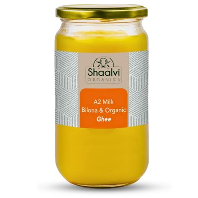 Shaalvi Organics A2 Gir Cow Bilona Ghee, Organic Grass Fed Ghee, Vedic Bilona Method, Immunity Booster, Gluten-Free, High Nutrition, Premium Glass Jar - 1L