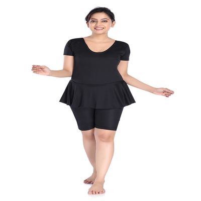 Aquado Women Frock Style Short Sleeve & Knee Shorts Swimwear Swimsuit [Without Pads] (S, Black)