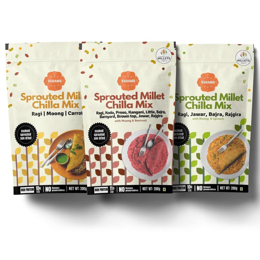 9GRAMS Sprouted Multi Millet and Moong Instant chilla dosa Mix Combo, Protein and Fibre Rich, Healthy Breakfast or Snack for Kids & Whole Family, with Carrot, Beetroot, Spinach, 3X200g