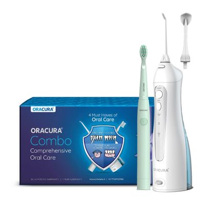 ORACURA Daily Care Combo Water Flosser OC150 White & Sonic Lite Battery Operated Electric Toothbrush SB100 Green