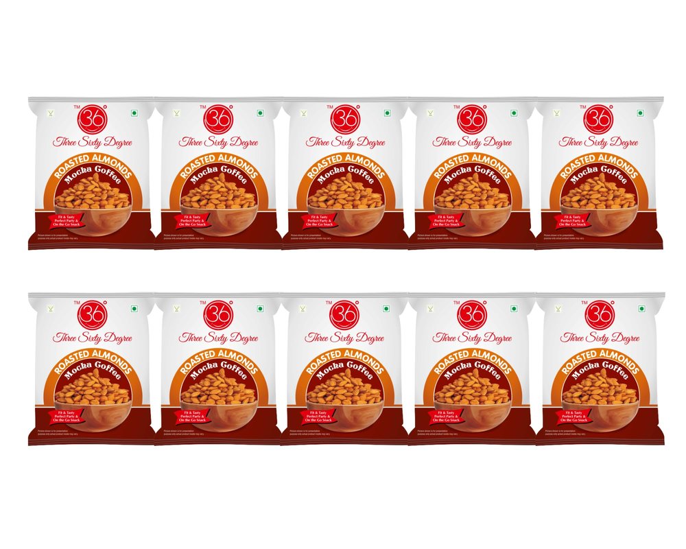 360 Roasted Mocha Coffee Sweet Almonds Pouches | Crunchy Badam Dry Fruit | Zero Oil Added | Oven Roasted | Tasty & Nutritious | Natural Goodness | 10 Packs x 30 | 300 Grams