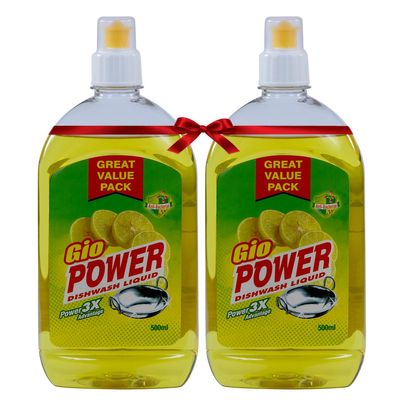 Gio Power Dishwash Liquid (Pack of 2) - 500 ml + 500 ml | Advanced Formula for Sparkling Clean Dishes | Tough on Grease, Gentle on Hands | Refreshing Fragrance | Long-lasting Suds