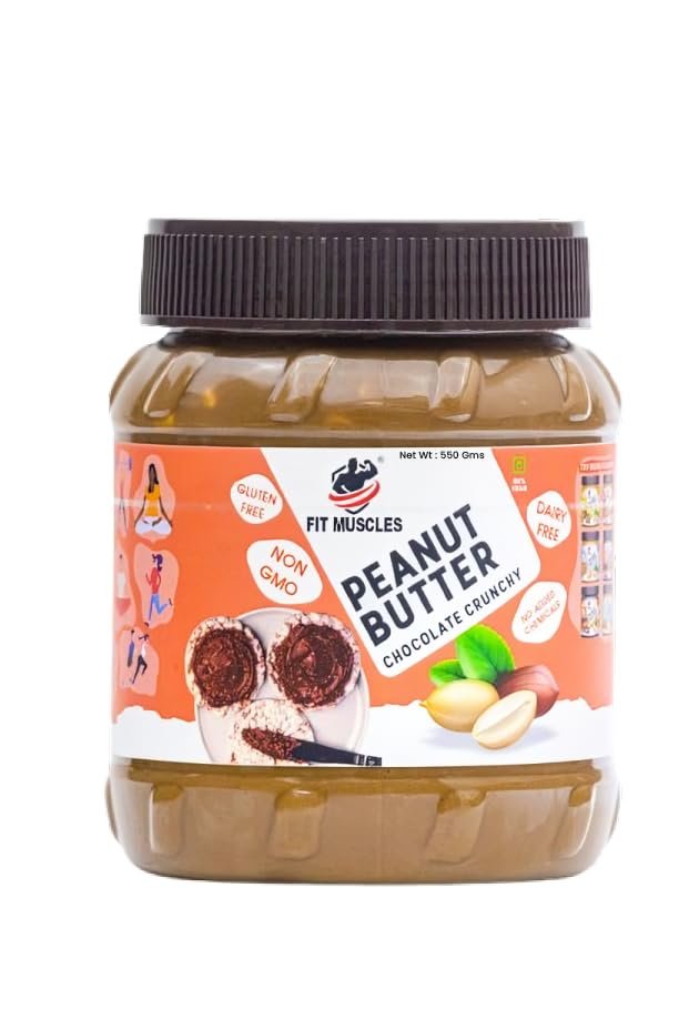 FIT MUSCLES Chocolate Peanut Butter Crunchy, Roasted Peanuts, Chocolate paste - Brown Sugar - Sea salt, 24 g Protein, Gluten Free, 100% Organic Plant based Peanut Butter Crunchy (550 G)