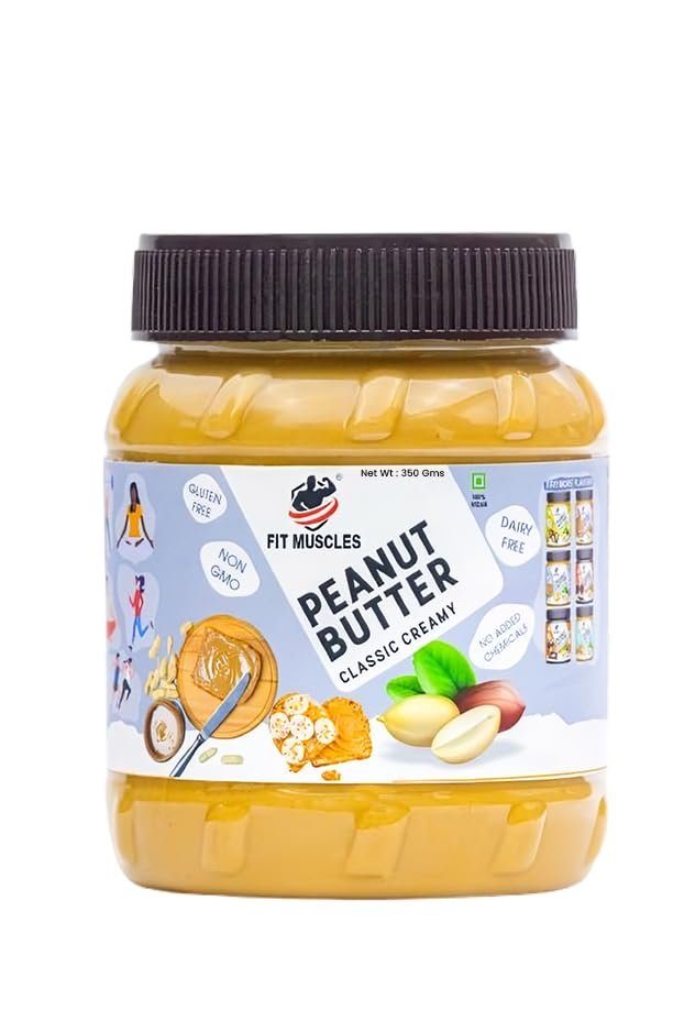 FIT MUSCLES Original Classic Peanut Butter Smooth, 27g Protein to Boost Energy, Tasty & Healthy Nut Butter Spread, 100% Vegan, Cholesterol Free, Gluten Free, Zero Trans Fat, Peanut Butter Creamy (350 G)